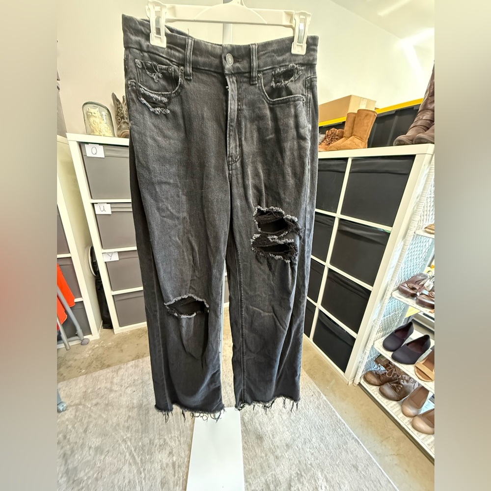 American Eagle Curvy Super High Rise Baggy Wide Leg Distressed Black Jeans Long
